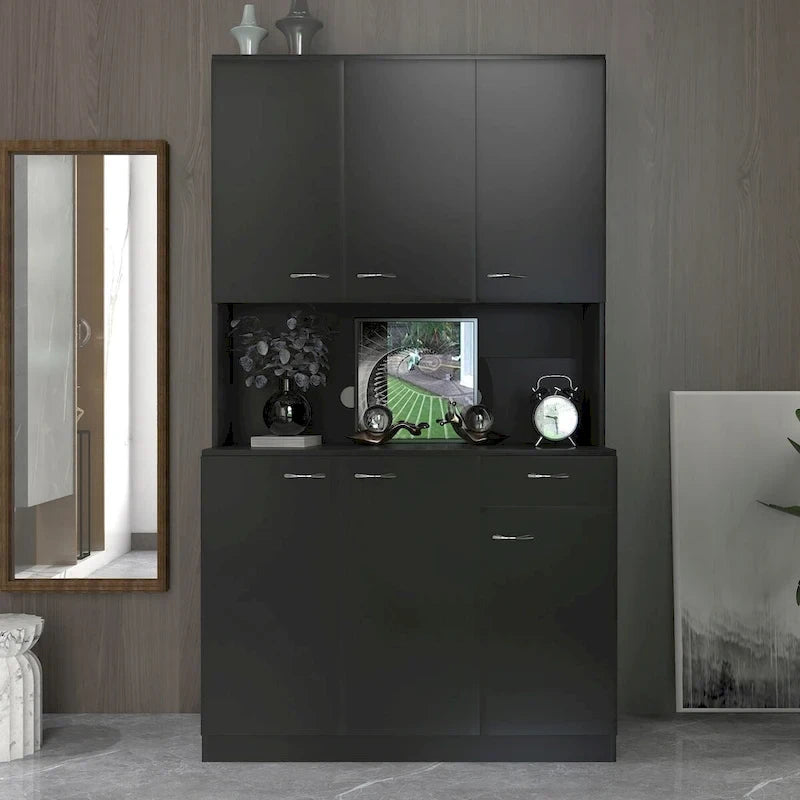 Rustic Farmhouse Tall Wardrobe, Armoire with Shelves, Open Compartment and Drawer, Freestanding Storage Closet Wardrobe Cabinet