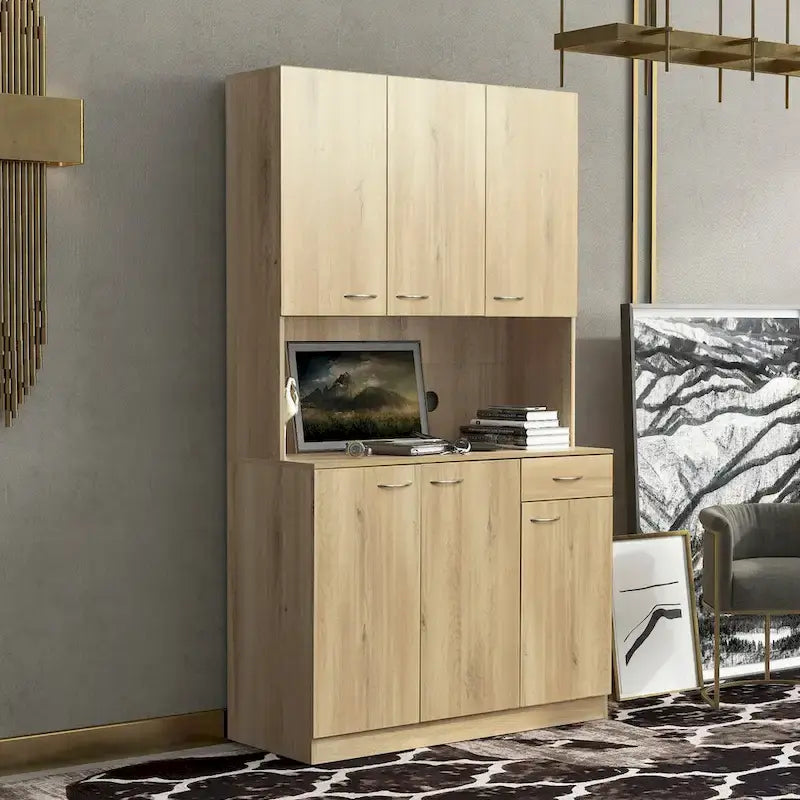 Rustic Farmhouse Tall Wardrobe, Armoire with Shelves, Open Compartment and Drawer, Freestanding Storage Closet Wardrobe Cabinet