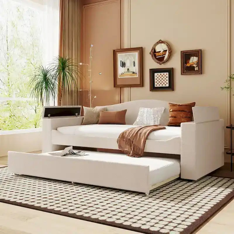 Twin Size UTeddy Fleece Daybed with Storage Armrests andTrundle