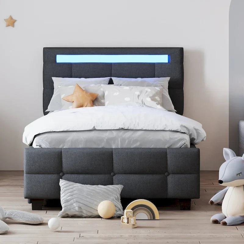 Twin Size Upholstered Platform Bed with LED Frame and 2 Drawers