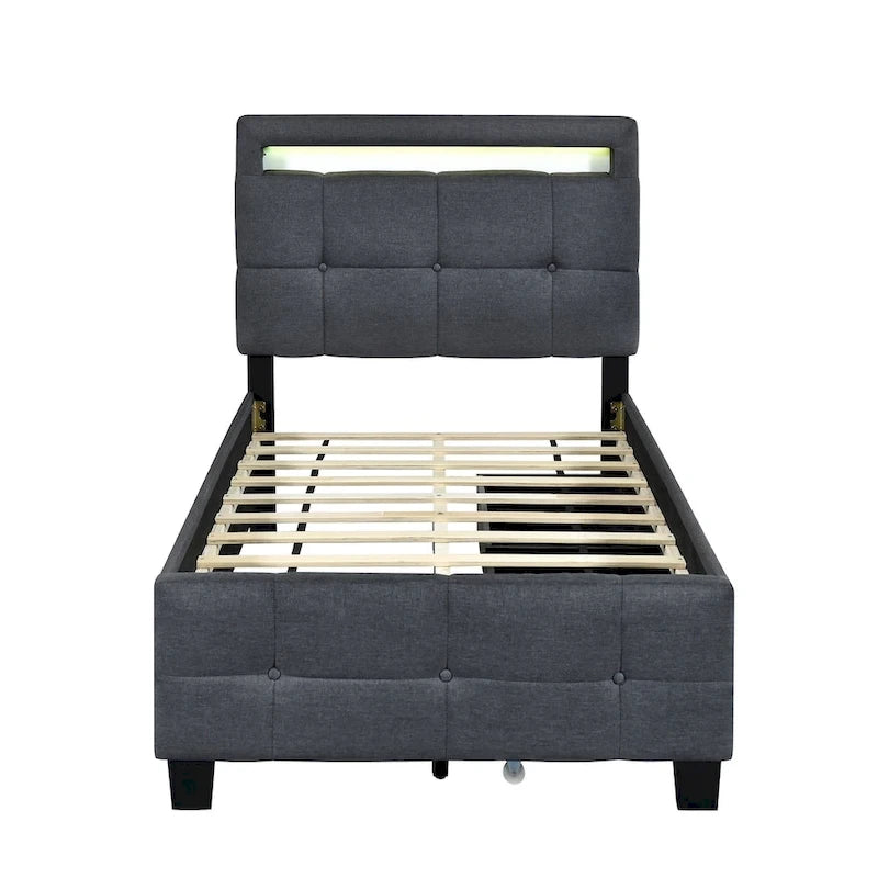 Twin Size Upholstered Platform Bed with LED Frame and 2 Drawers