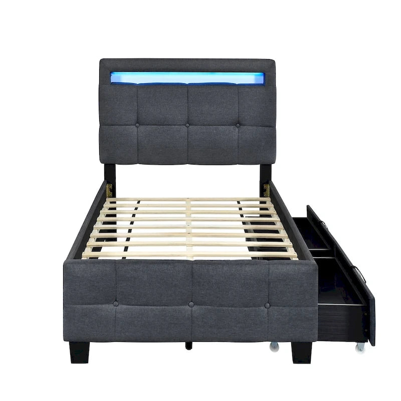 Twin Size Upholstered Platform Bed with LED Frame and 2 Drawers