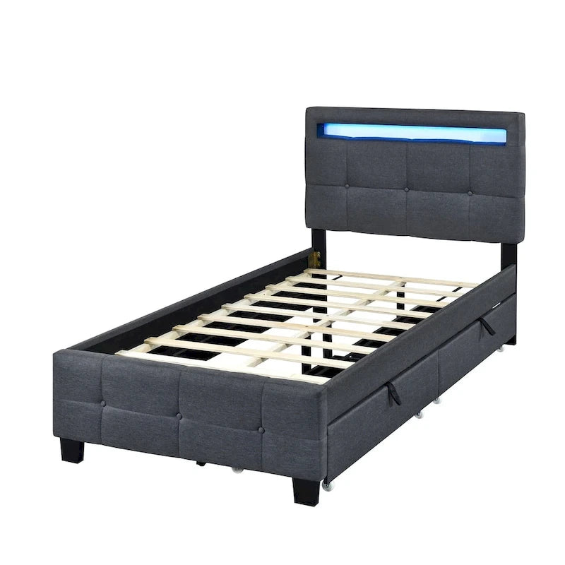 Twin Size Upholstered Platform Bed with LED Frame and 2 Drawers