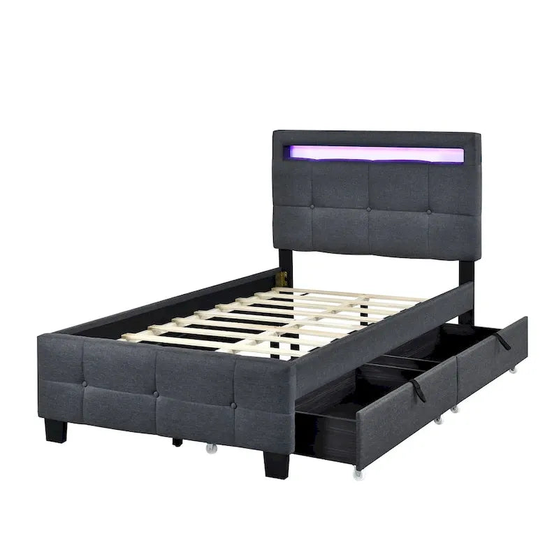 Twin Size Upholstered Platform Bed with LED Frame and 2 Drawers