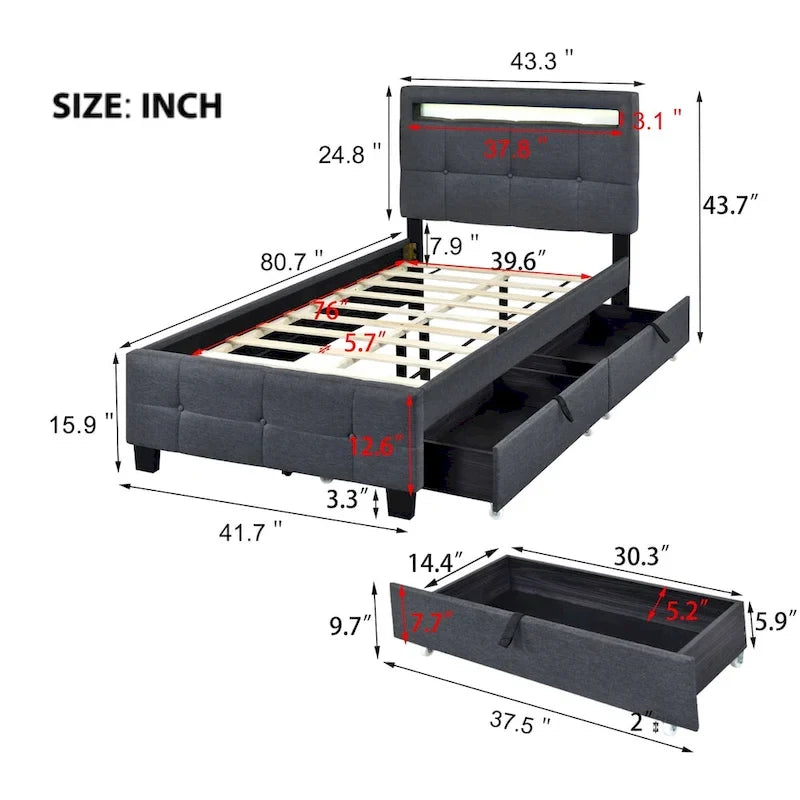 Twin Size Upholstered Platform Bed with LED Frame and 2 Drawers