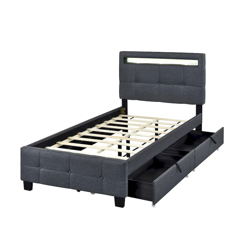 Twin Size Upholstered Platform Bed with LED Frame and 2 Drawers