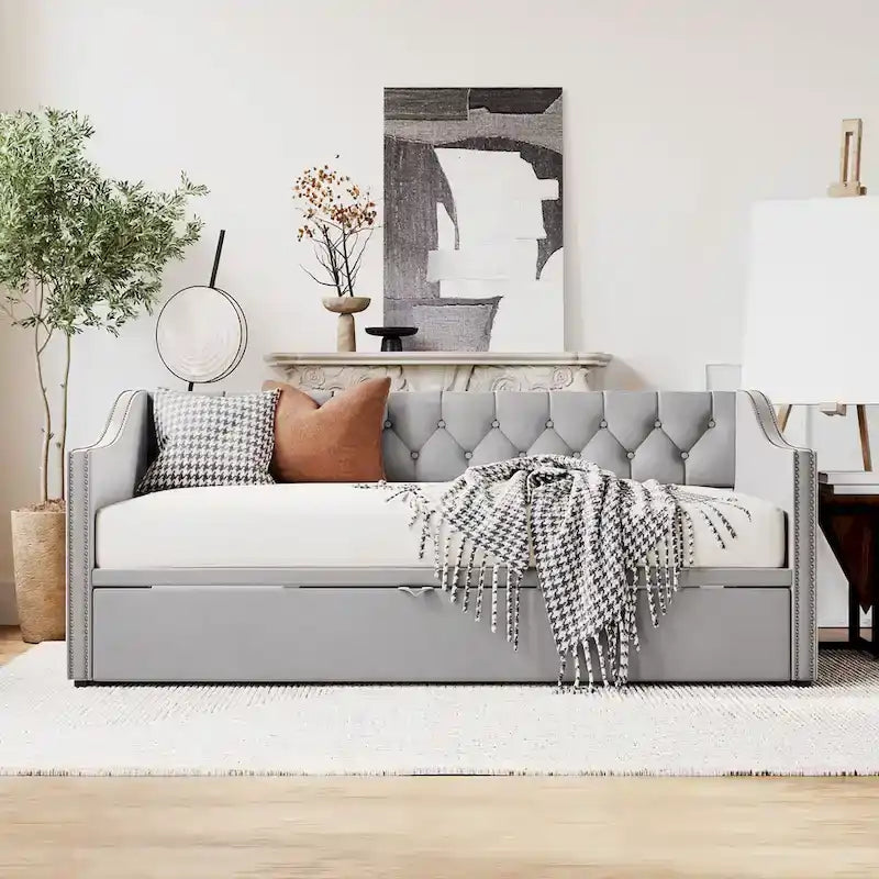 Twin Size Upholstered daybed with Pop Up Trundle