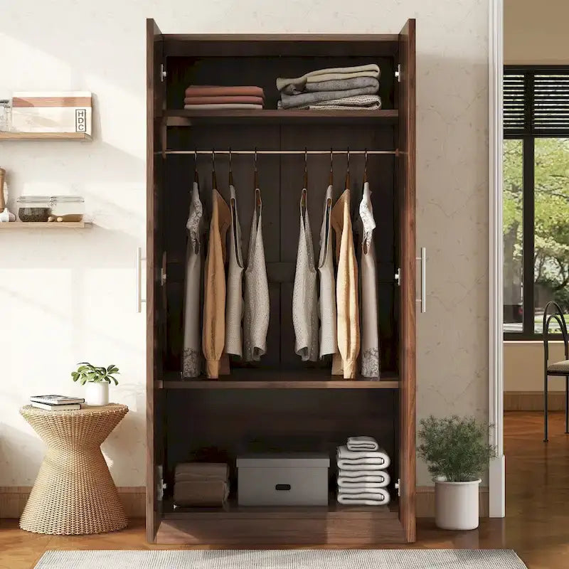 2-Door Wooden Wardrobe Armoire with 3 Storage Shelves, Brown(Expected Arrival Time: 6.21)