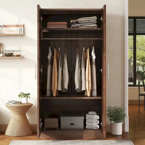 2-Door Wooden Wardrobe Armoire with 3 Storage Shelves, Brown(Expected Arrival Time: 6.21)