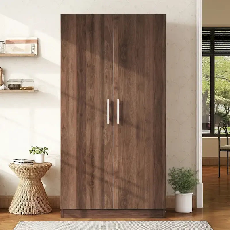 2-Door Wooden Wardrobe Armoire with 3 Storage Shelves, Brown(Expected Arrival Time: 6.21)