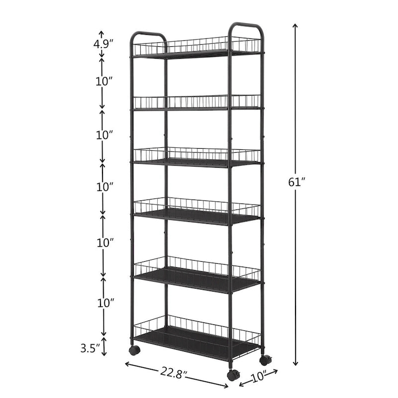 6 Tier Slim Rolling Storage Cart Mobile Shelving Unit with Wheels - 6D x 22.8W x 61H