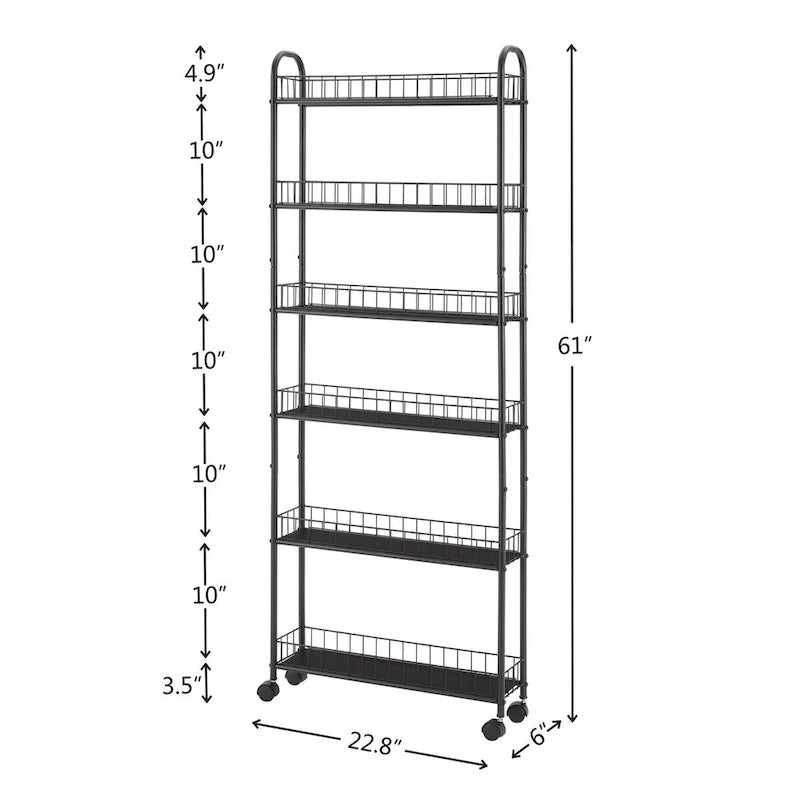 6 Tier Slim Rolling Storage Cart Mobile Shelving Unit with Wheels - 6D x 22.8W x 61H