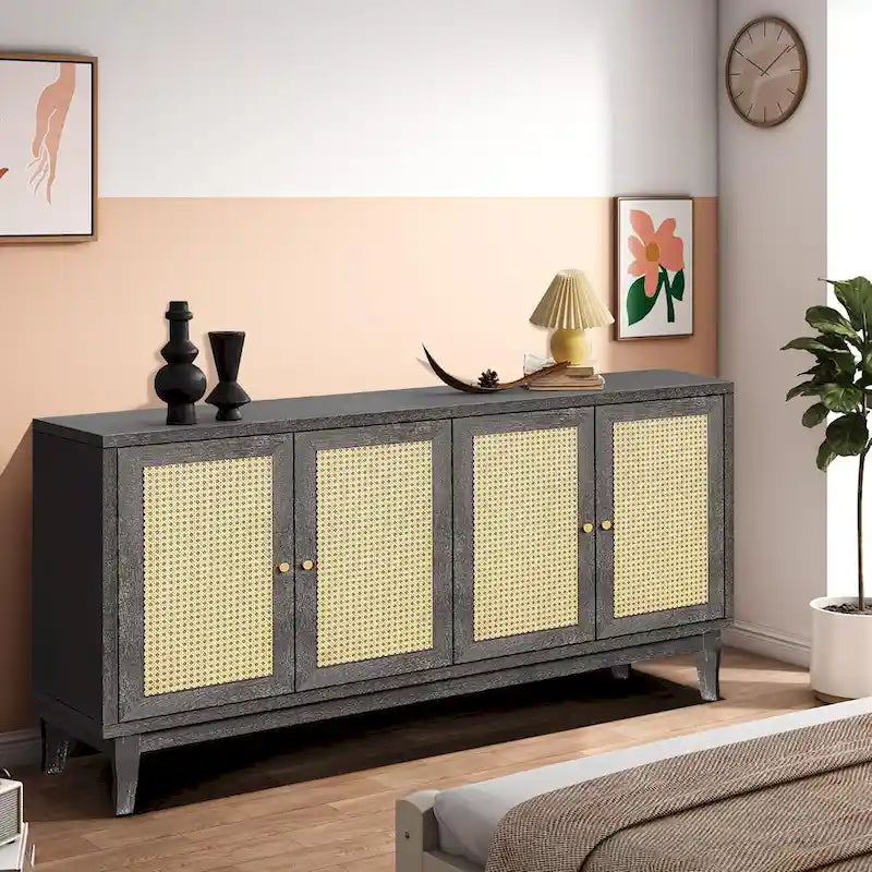 Roomfitters Handcrafted Premium Grain Panels Rattan Sideboard Buffet Cabinet with 4 Rattan Doors