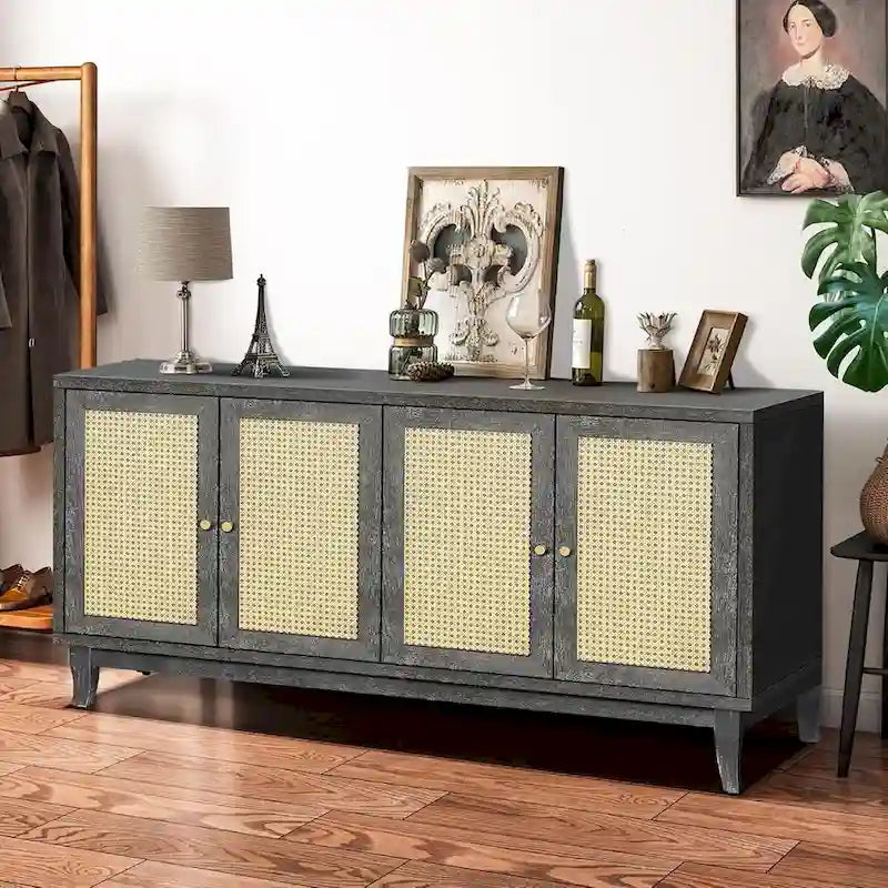 Roomfitters Handcrafted Premium Grain Panels Rattan Sideboard Buffet Cabinet with 4 Rattan Doors