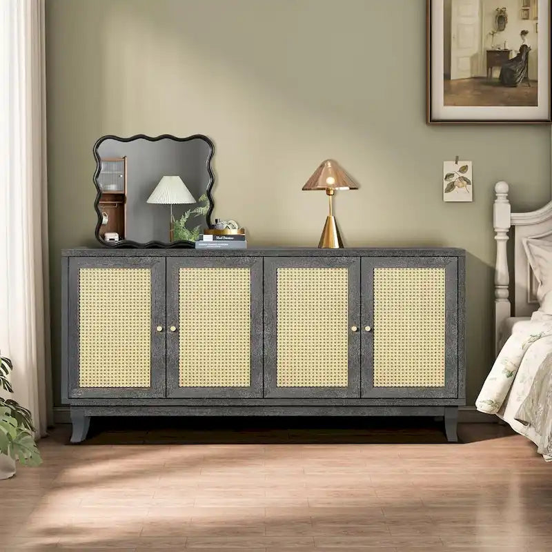 Roomfitters Handcrafted Premium Grain Panels Rattan Sideboard Buffet Cabinet with 4 Rattan Doors