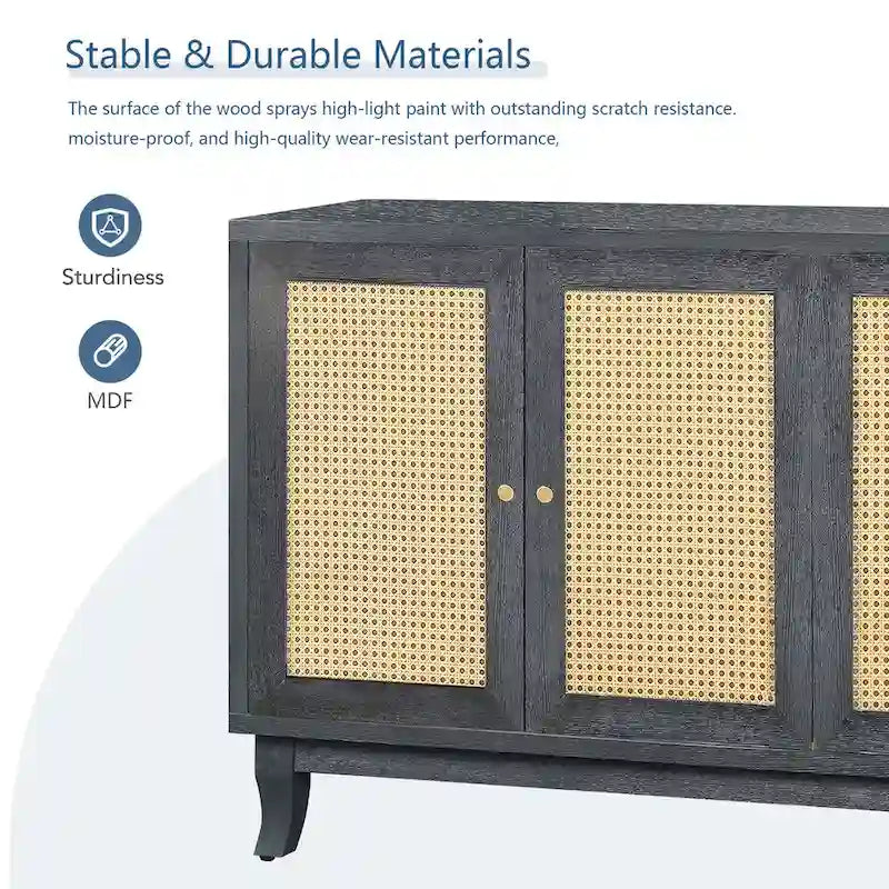 Roomfitters Handcrafted Premium Grain Panels Rattan Sideboard Buffet Cabinet with 4 Rattan Doors