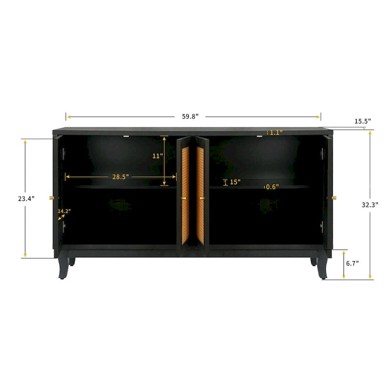 Roomfitters Handcrafted Premium Grain Panels Rattan Sideboard Buffet Cabinet with 4 Rattan Doors