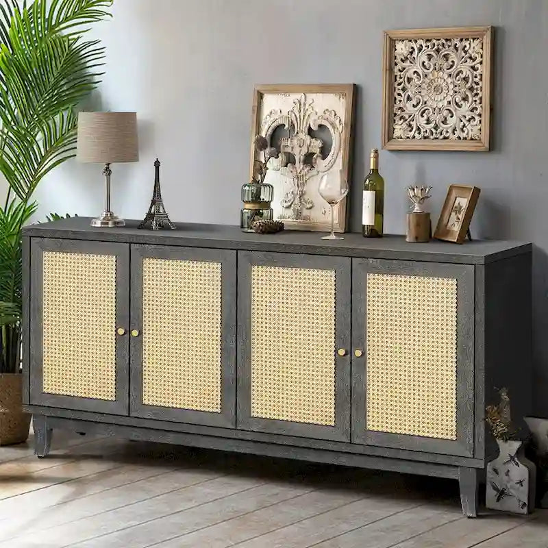 Roomfitters Handcrafted Premium Grain Panels Rattan Sideboard Buffet Cabinet with 4 Rattan Doors