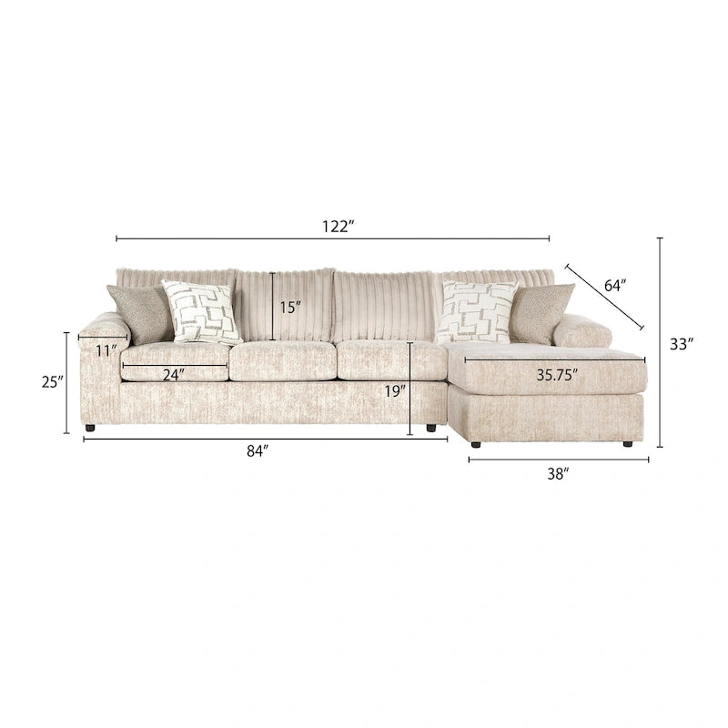 Roundhill Furniture Nason Wide Wale Corduroy Sectional Sofa Chaise with Armchair