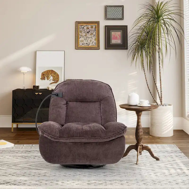 Bronzing fabric swivel recliner with mobile phone bracket