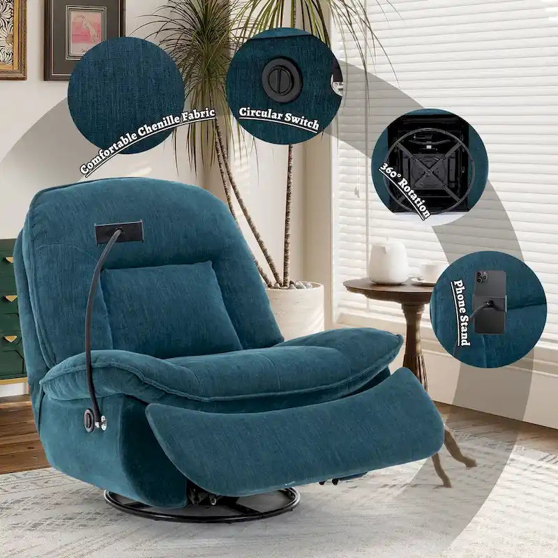 Bronzing fabric swivel recliner with mobile phone bracket