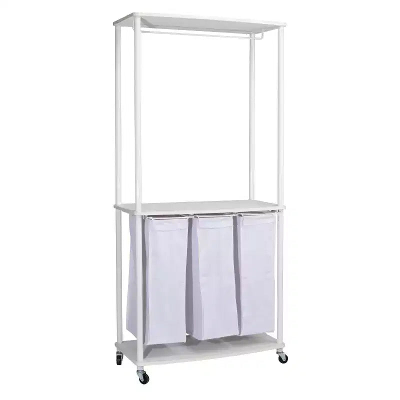 3-Bag Laundry Center, Smooth Laminate Shelving, Sturdy Steel Frame, Hanging Bar, Wheeling and Stationary Feet Options