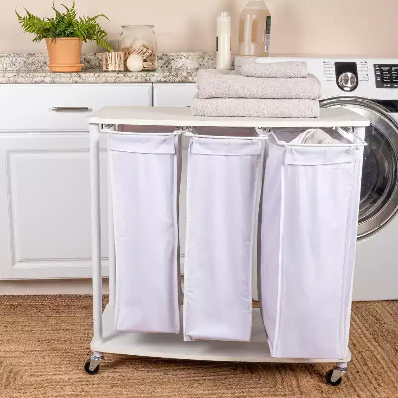 Centre de lavage 3 sacs, étagères en mélaminé lisse, cadre en acier robuste
