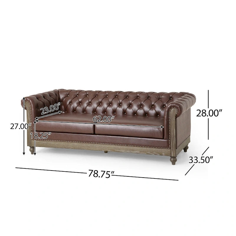 Retro 3 Seat PU Sofa with Wooden Frame and Legs