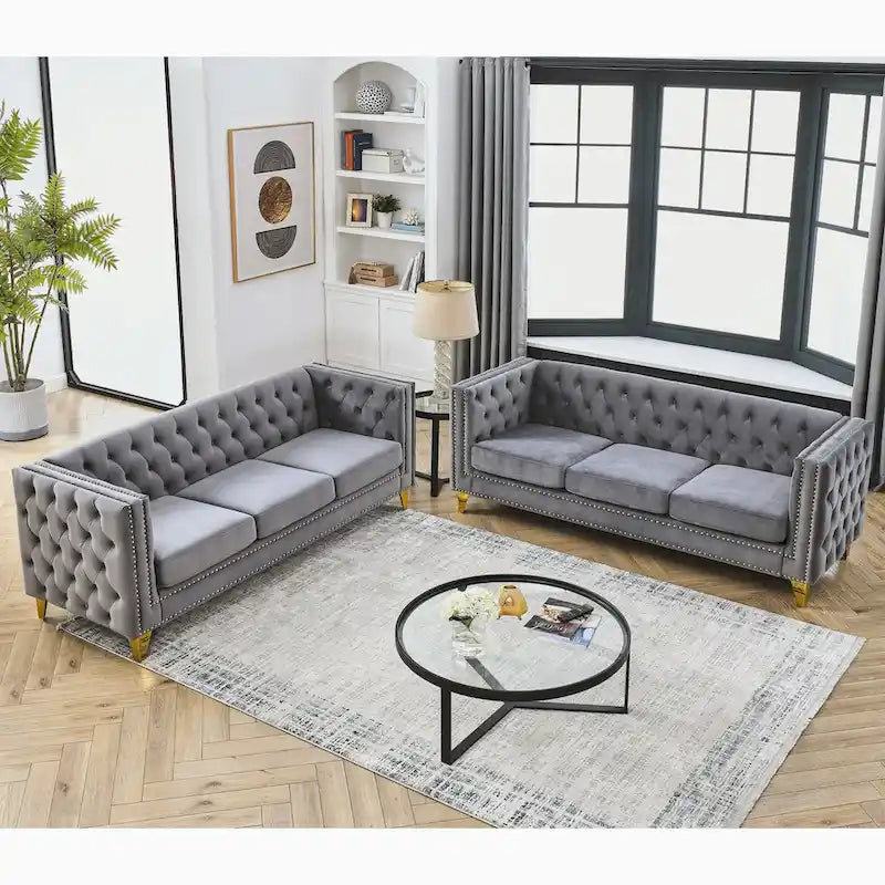 Velvet Sofa for Living Room,Buttons Tufted Square Arm Couch, Modern Couch Upholstered Button and Metal Legs,2PCS