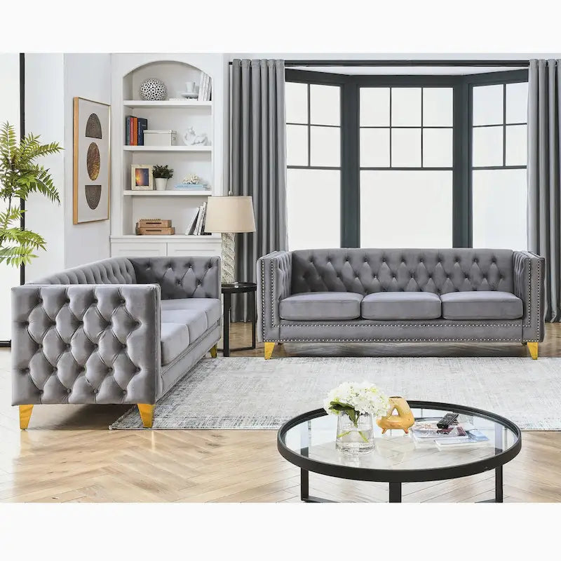 Velvet Sofa for Living Room,Buttons Tufted Square Arm Couch, Modern Couch Upholstered Button and Metal Legs,2PCS