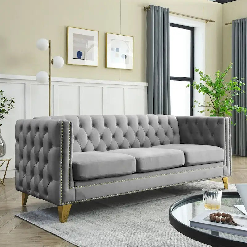 Velvet Sofa for Living Room,Buttons Tufted Square Arm Couch, Modern Couch Upholstered Button and Metal Legs,2PCS