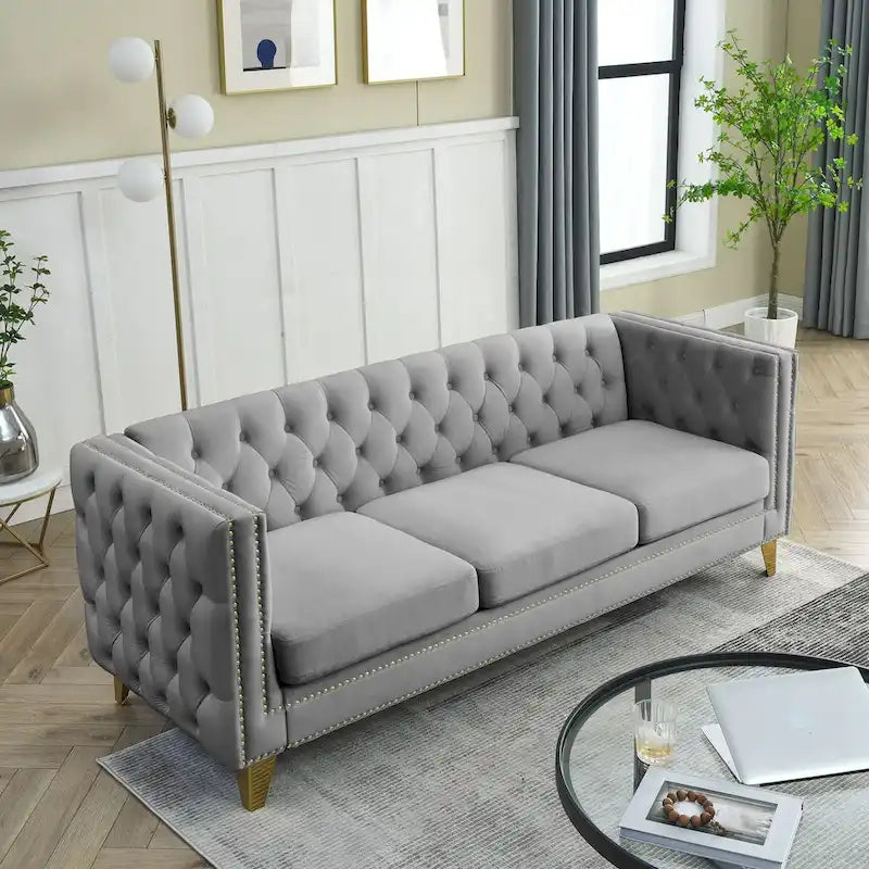 Velvet Sofa for Living Room,Buttons Tufted Square Arm Couch, Modern Couch Upholstered Button and Metal Legs,2PCS
