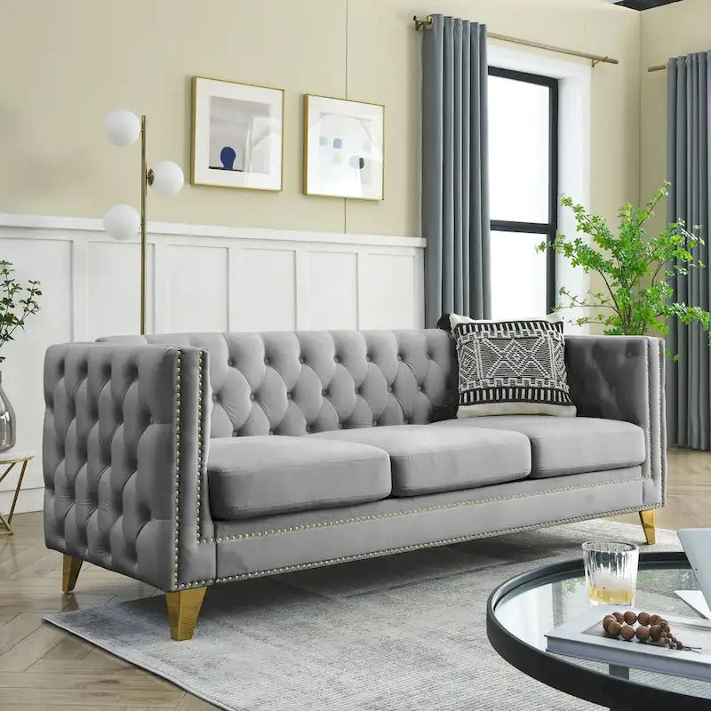 Velvet Sofa for Living Room,Buttons Tufted Square Arm Couch, Modern Couch Upholstered Button and Metal Legs,2PCS