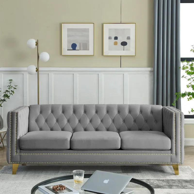 Velvet Sofa for Living Room,Buttons Tufted Square Arm Couch, Modern Couch Upholstered Button and Metal Legs,2PCS