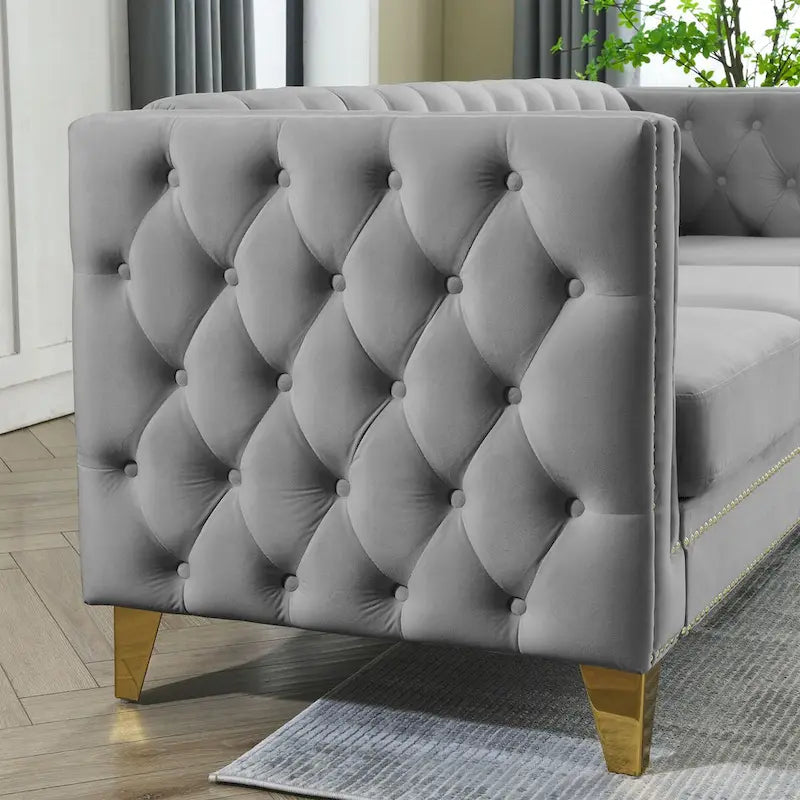 Velvet Sofa for Living Room,Buttons Tufted Square Arm Couch, Modern Couch Upholstered Button and Metal Legs,2PCS