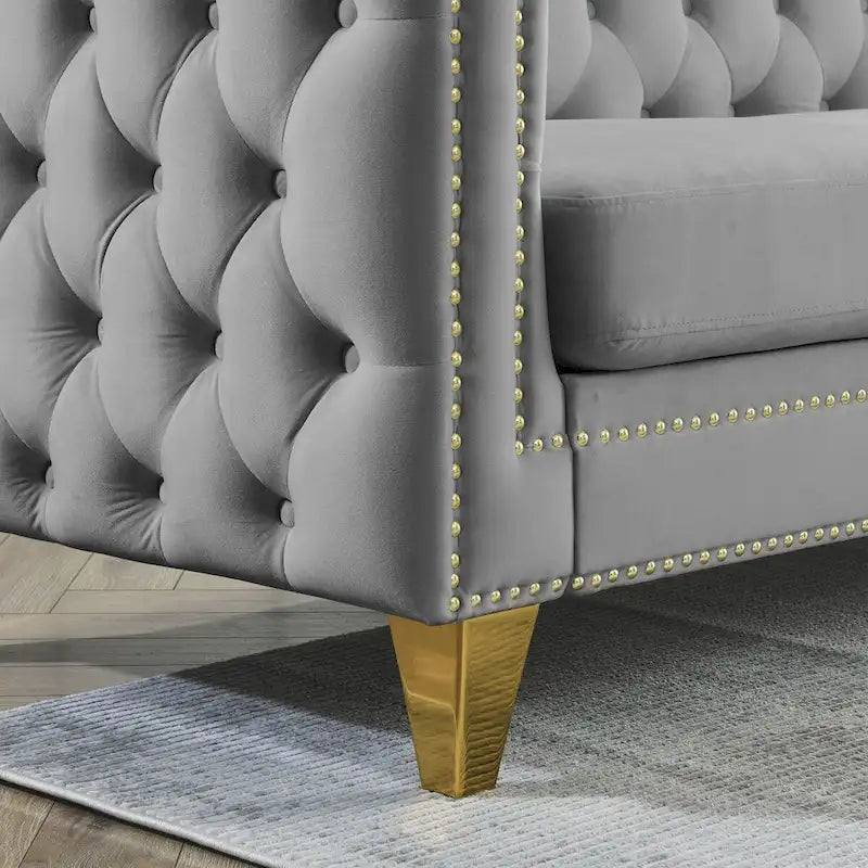 Velvet Sofa for Living Room,Buttons Tufted Square Arm Couch, Modern Couch Upholstered Button and Metal Legs,2PCS