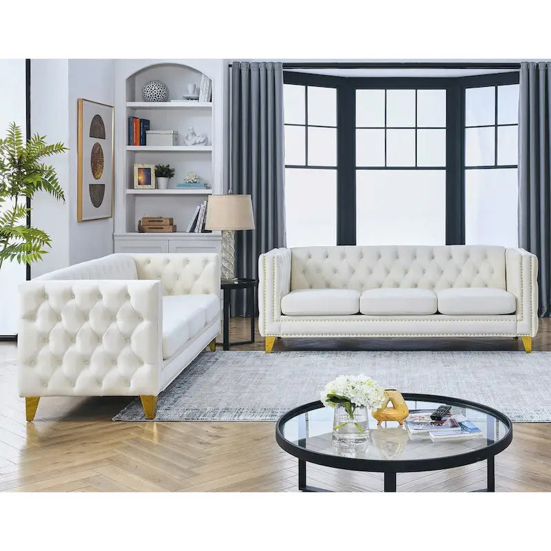 Velvet Sofa for Living Room,Buttons Tufted Square Arm Couch, Modern Couch Upholstered Button and Metal Legs,2PCS