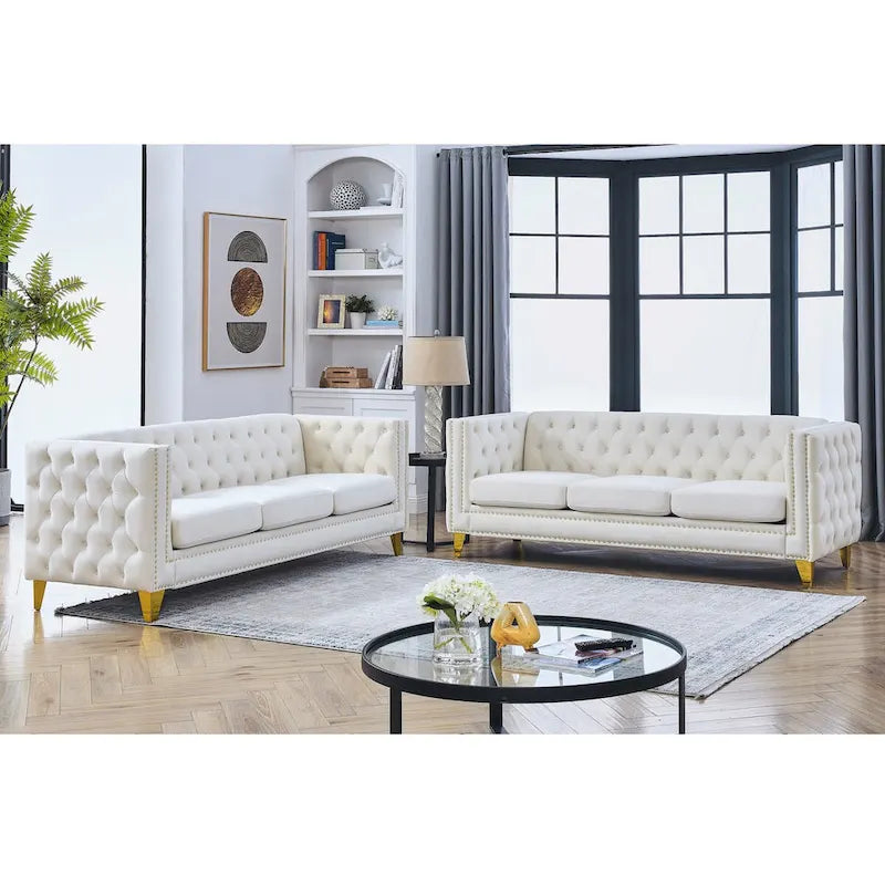Velvet Sofa for Living Room,Buttons Tufted Square Arm Couch, Modern Couch Upholstered Button and Metal Legs,2PCS