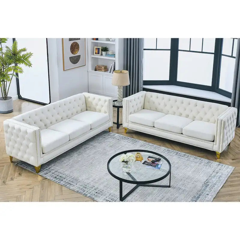 Velvet Sofa for Living Room,Buttons Tufted Square Arm Couch, Modern Couch Upholstered Button and Metal Legs,2PCS