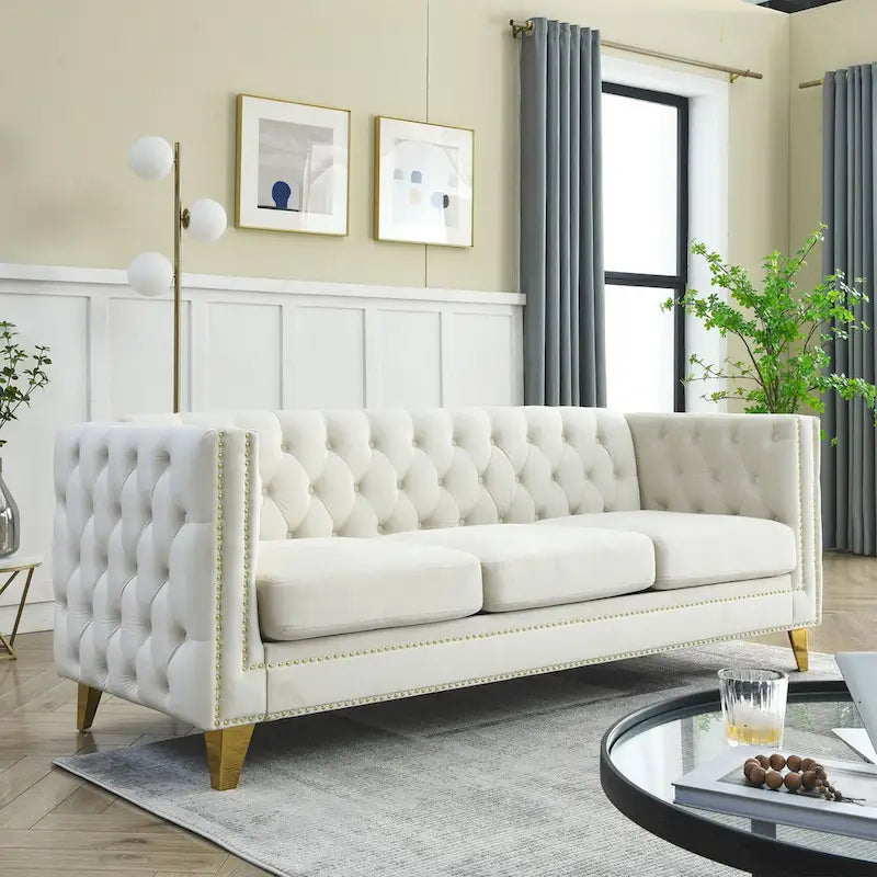 Velvet Sofa for Living Room,Buttons Tufted Square Arm Couch, Modern Couch Upholstered Button and Metal Legs,2PCS