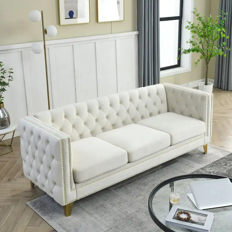 Velvet Sofa for Living Room,Buttons Tufted Square Arm Couch, Modern Couch Upholstered Button and Metal Legs,2PCS