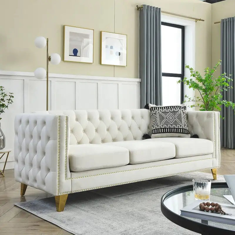 Velvet Sofa for Living Room,Buttons Tufted Square Arm Couch, Modern Couch Upholstered Button and Metal Legs,2PCS