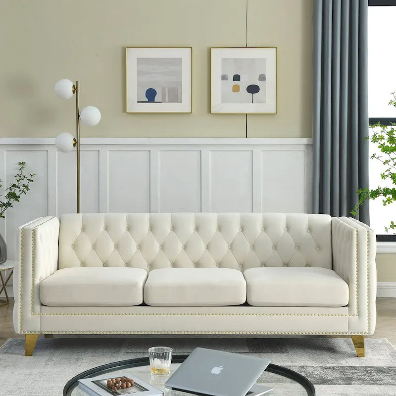 Velvet Sofa for Living Room,Buttons Tufted Square Arm Couch, Modern Couch Upholstered Button and Metal Legs,2PCS