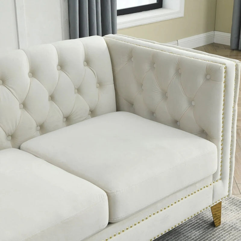 Velvet Sofa for Living Room,Buttons Tufted Square Arm Couch, Modern Couch Upholstered Button and Metal Legs,2PCS