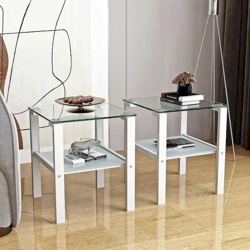 Set of 2, Glass two layer tea table, small round table, bedroom corner table, living room side table,Black