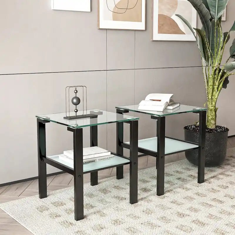 Set of 2, Glass two layer tea table, small round table, bedroom corner table, living room side table,Black