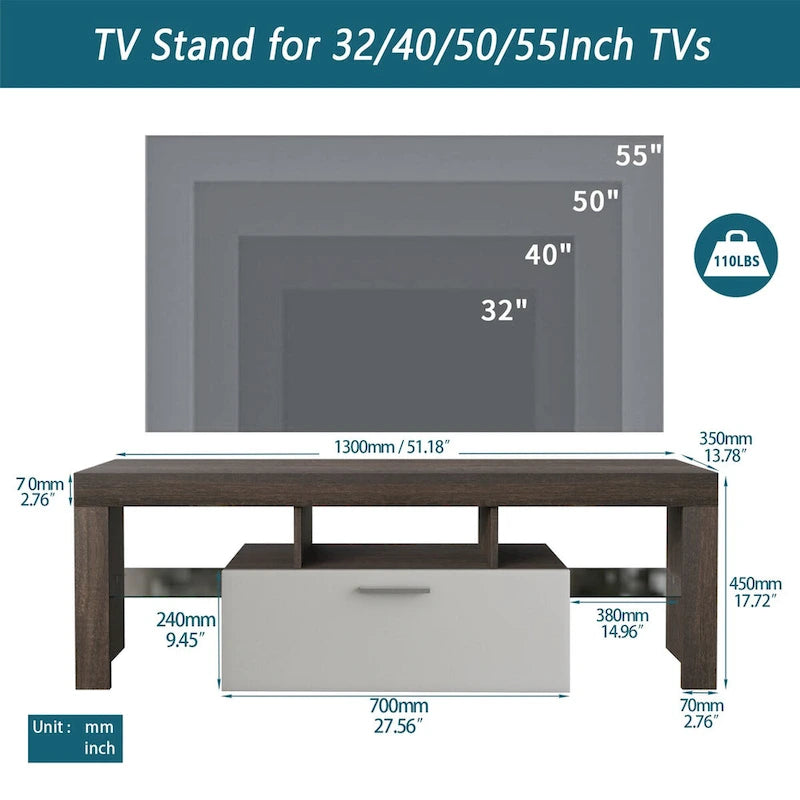 Morden 51-inch TV Stand for TVs up to 55-in with LED Color Changing Lights