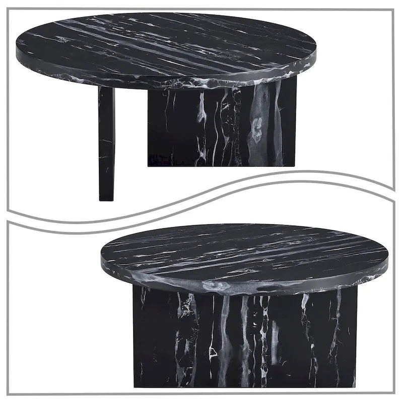 Modern Stylish Wooden Round Coffee Table with Imitation Marble Veneer Surface