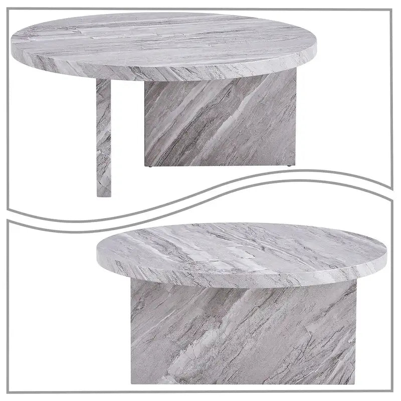 Modern Stylish Wooden Round Coffee Table with Imitation Marble Veneer Surface
