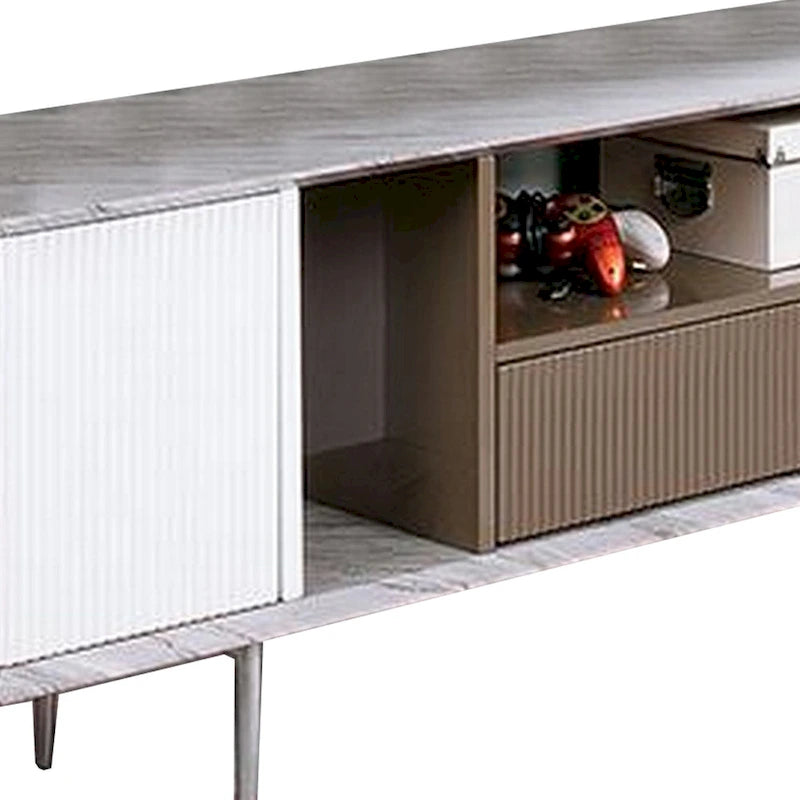 70 Inch TV Entertainment Console, 1 Drawer, Shelves, White, Brown, Gray
